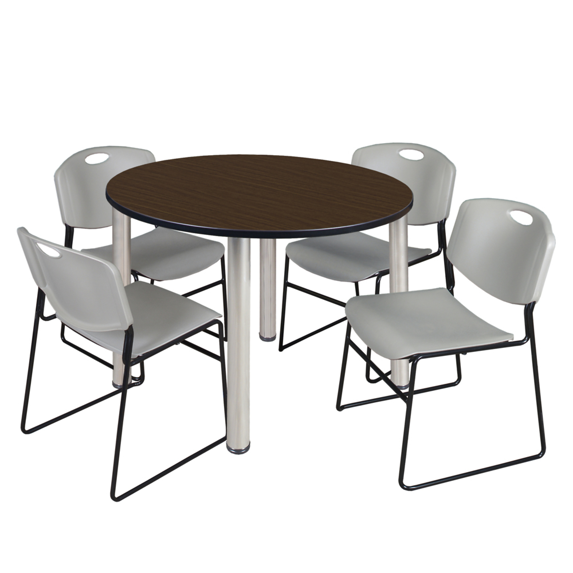 Regency Kee Round Breakroom Table — 42in., Neo Walnut/Chrome, 4 Grey Zeng Stack Chairs, Model# TB42RNDNWBPCM44GY